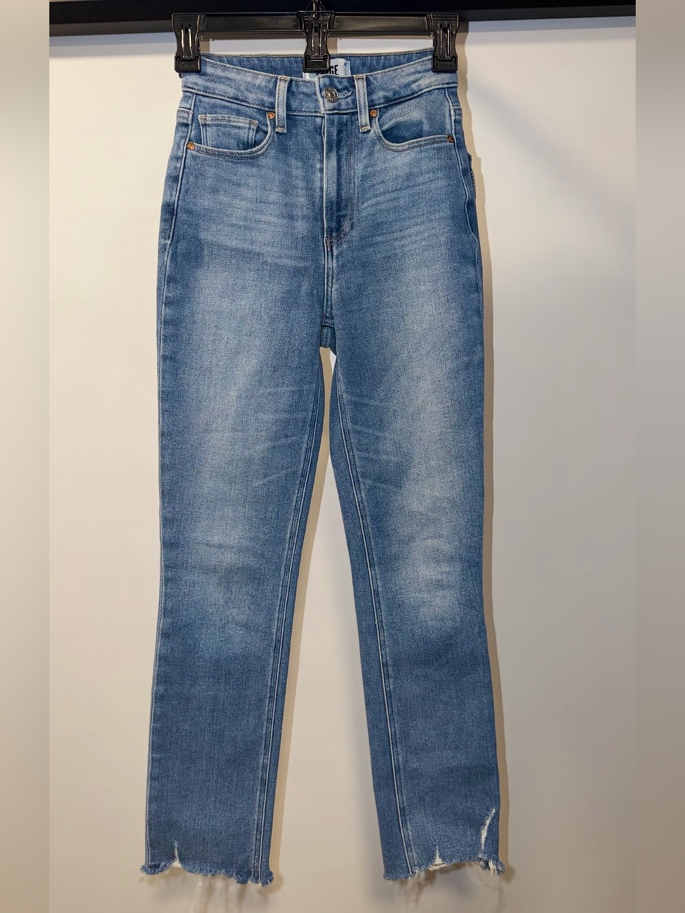 PAIGE Medium Wash High-Rise Skinny Jeans with Frayed Hem